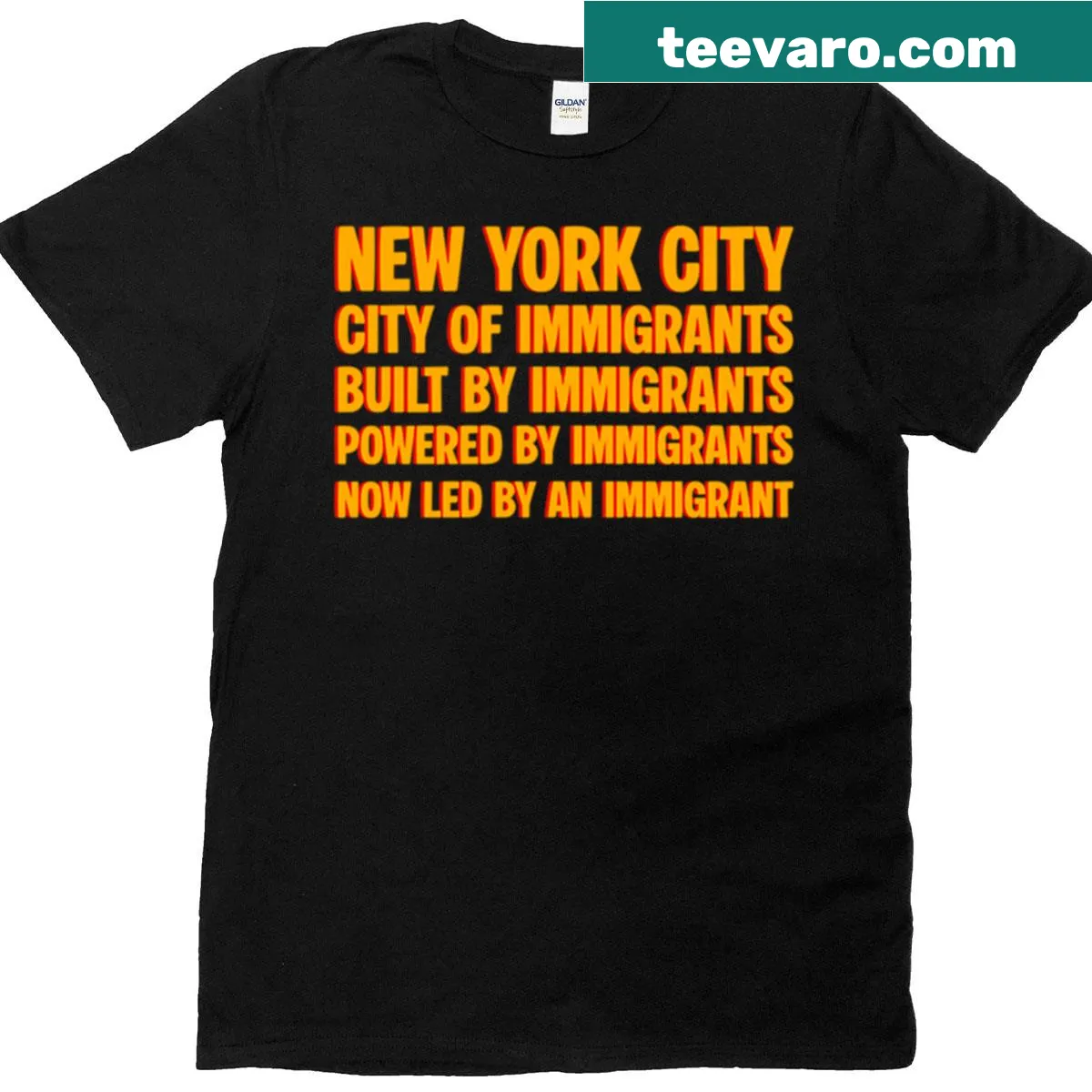 T-shirt featuring the phrase A City Of Immigrants in a bold layout. — on a men's t-shirt