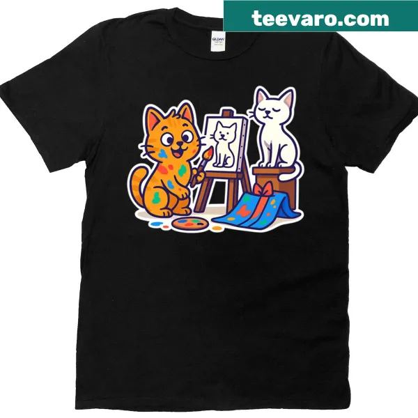 Cute illustration of an orange cat painting a portrait on a t-shirt