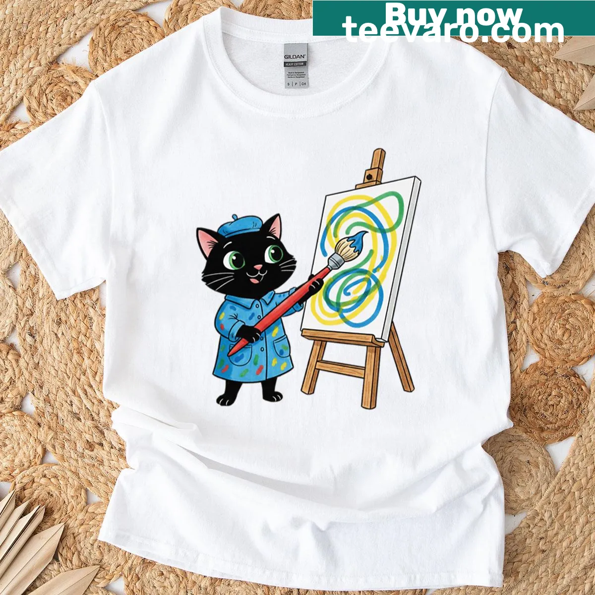 T-shirt featuring a cat painting on a canvas illustration — on a men's t-shirt