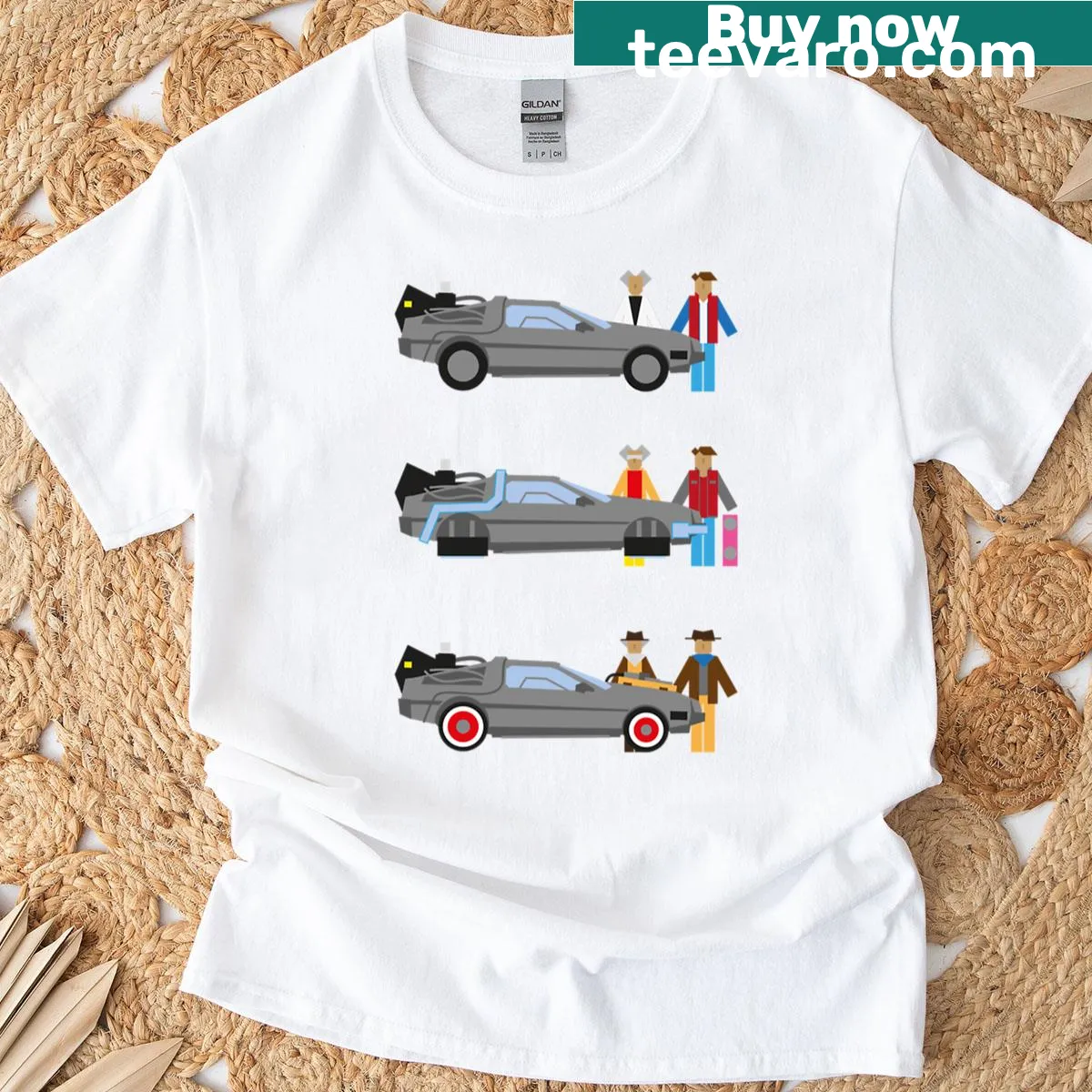 Illustration of the DeLorean from Back to the Future on a T-shirt — on a men's t-shirt