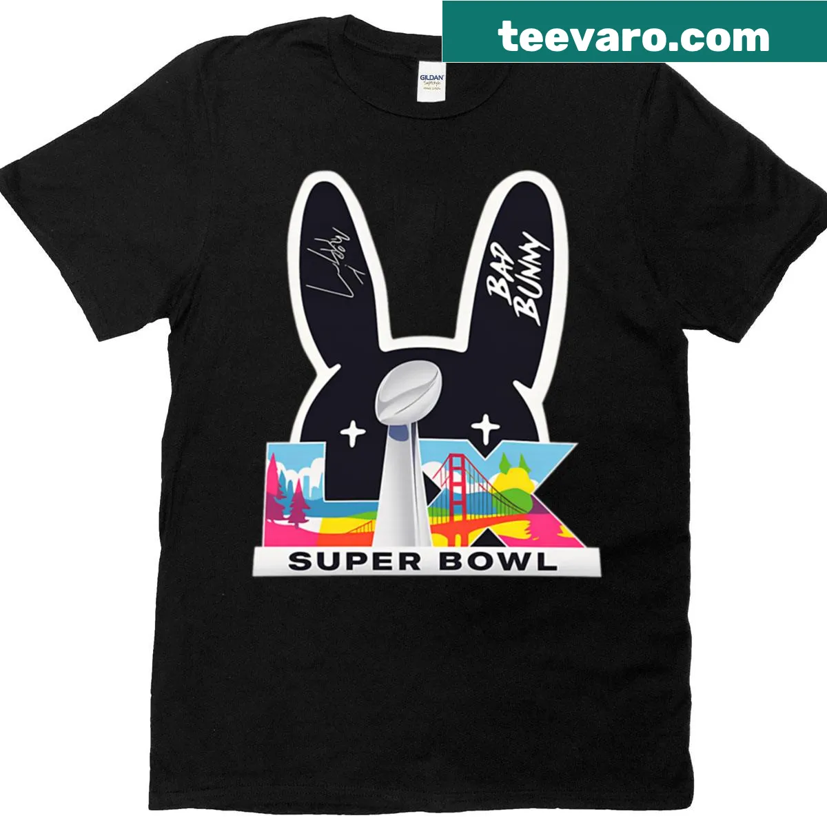 Commemorative t-shirt featuring Bad Bunny at the Super Bowl. — on a men's t-shirt