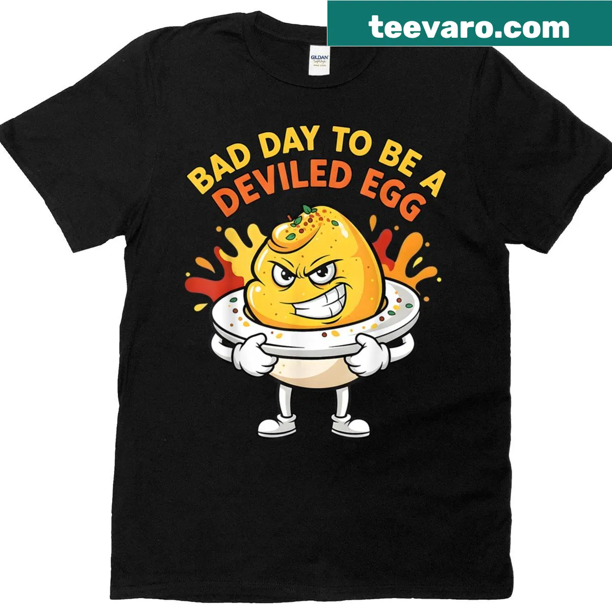 Funny Thanksgiving T-shirt with deviled egg joke — on a men's t-shirt