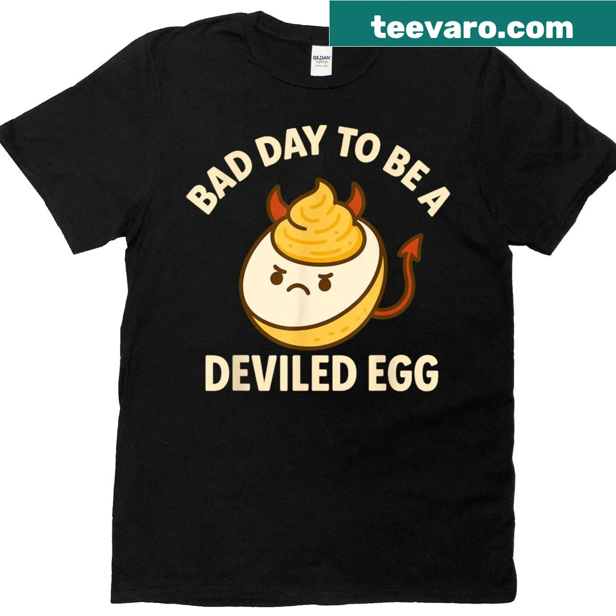 Funny t-shirt featuring 'Bad Day To Be A Deviled Egg' text — on a men's t-shirt