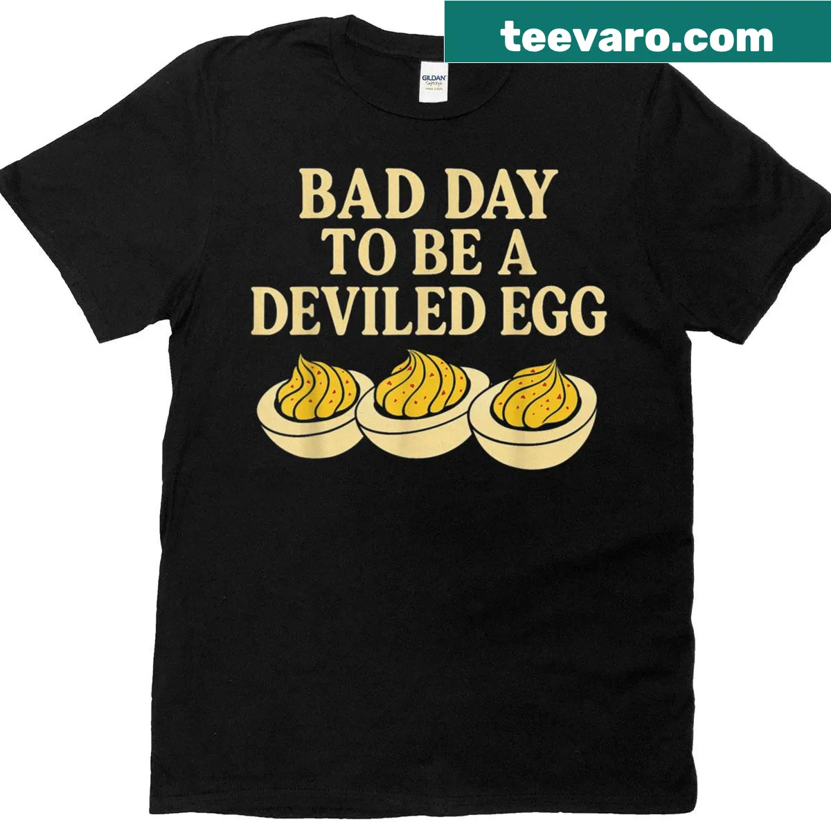 Funny Thanksgiving t-shirt featuring a humorous deviled egg illustration — on a men's t-shirt