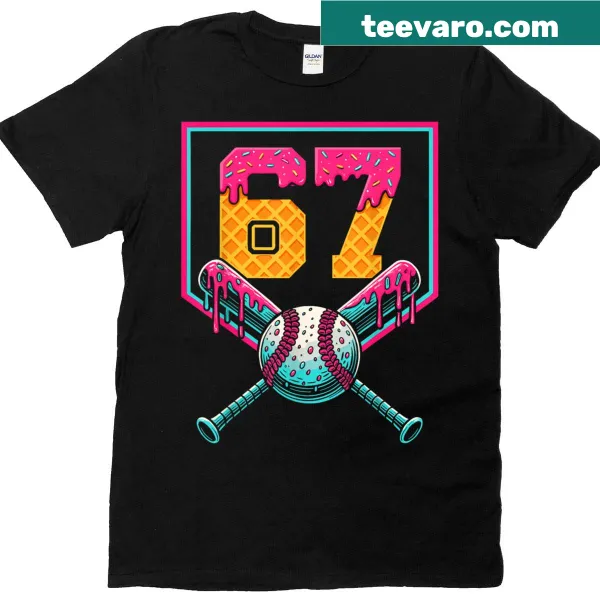 T-shirt showing ice cream drip design with baseball elements for 67th birthday