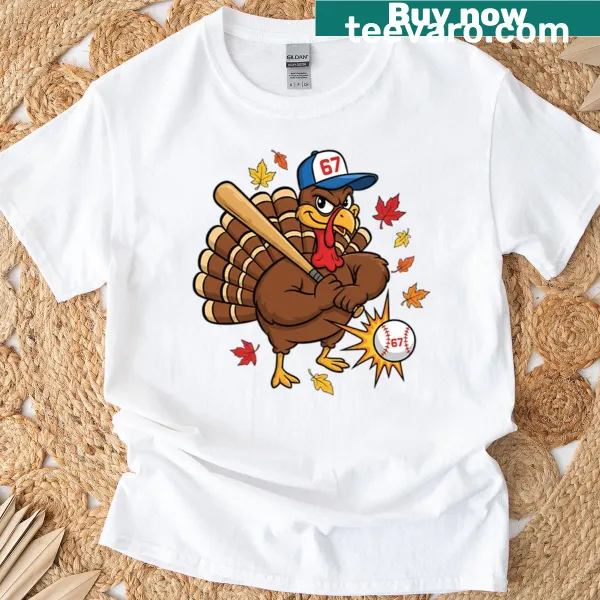 Funny Thanksgiving T-shirt merging turkey and baseball