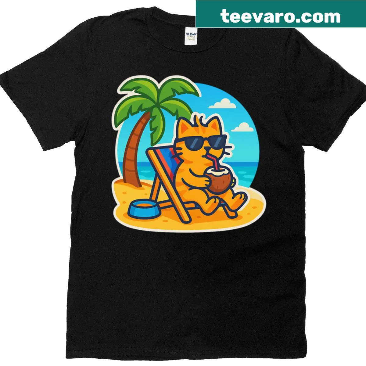 Illustration of a relaxed orange cat with a coconut drink on a beach — on a men's t-shirt