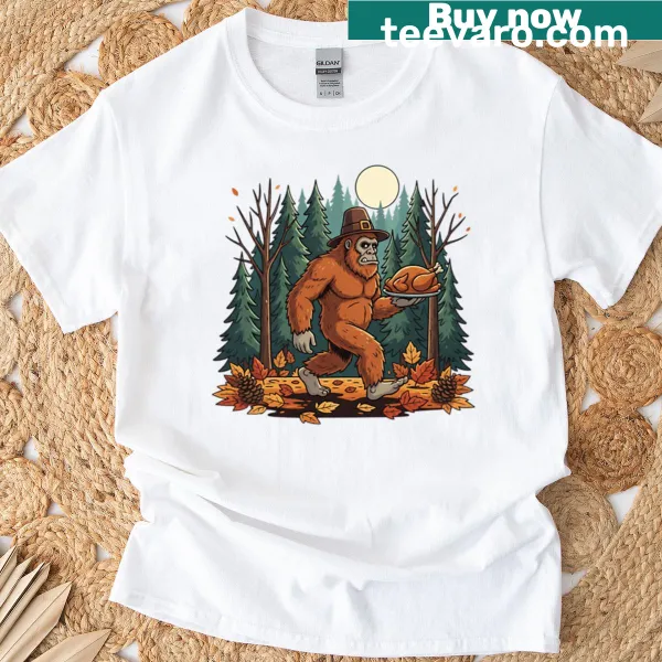 Bigfoot as a pilgrim illustration for Thanksgiving on a t-shirt