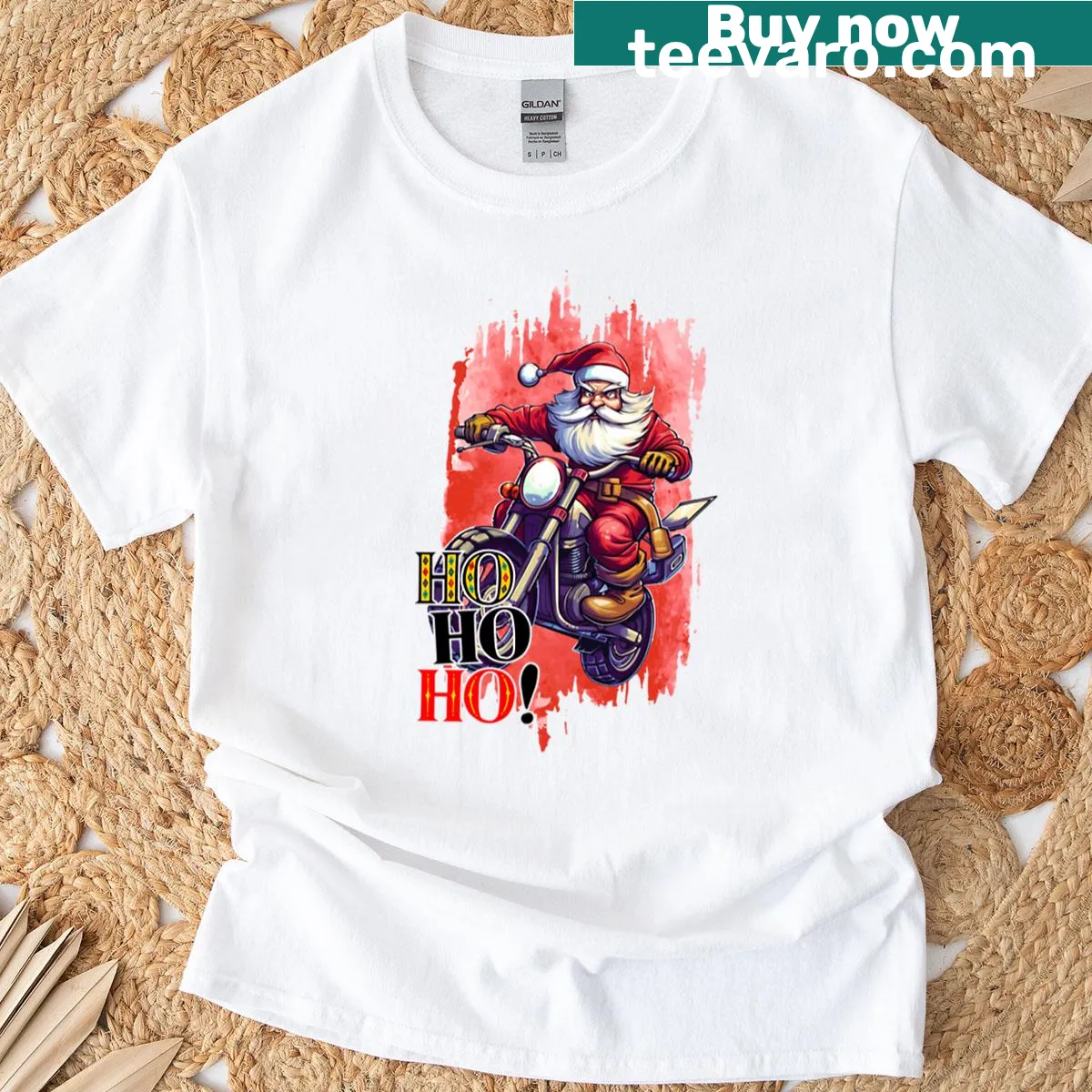 Cartoon biker Santa riding a motorcycle with 'Ho Ho Ho' text. — on a men's t-shirt