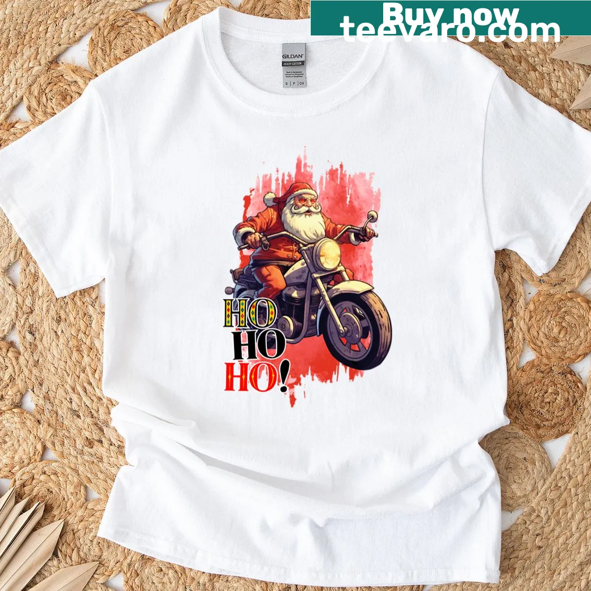 Edgy biker Santa on motorcycle with 'Ho Ho Ho' text in a grunge style. — on a men's t-shirt