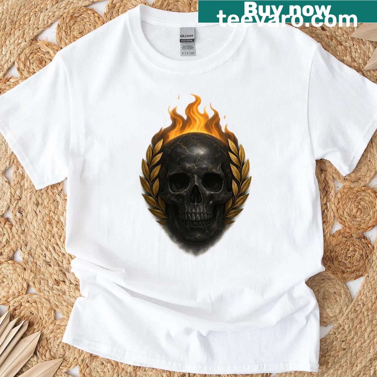 Black marble skull surrounded by a flaming laurel on a t-shirt. — on a men's t-shirt