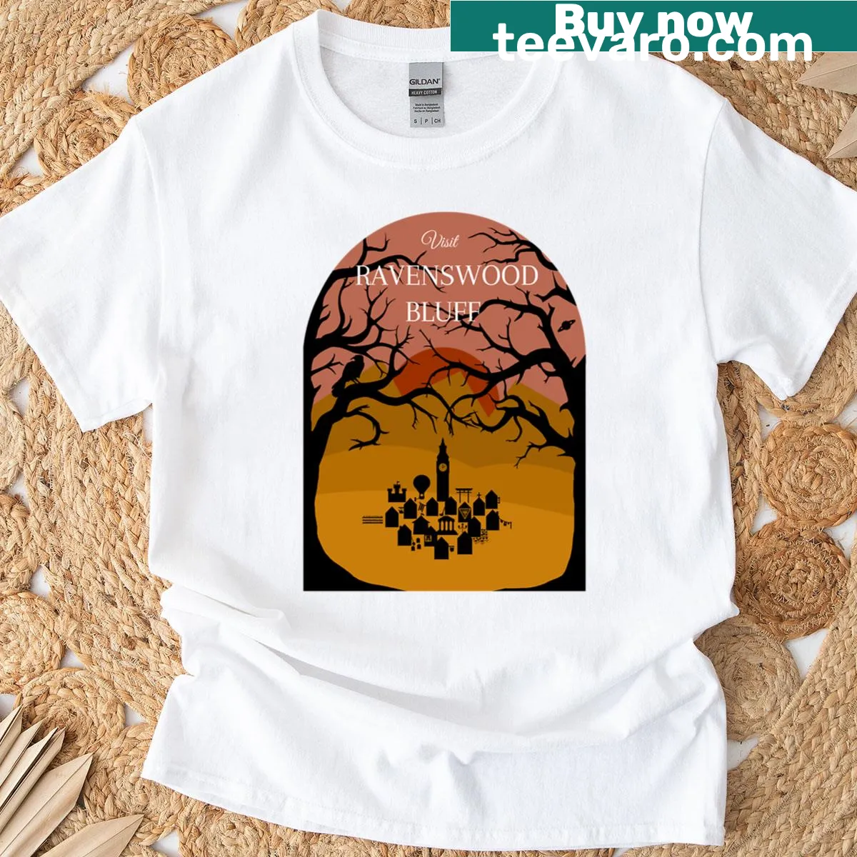 Blood On The Clocktower themed t-shirt with Ravenswood Bluff imagery — on a men's t-shirt