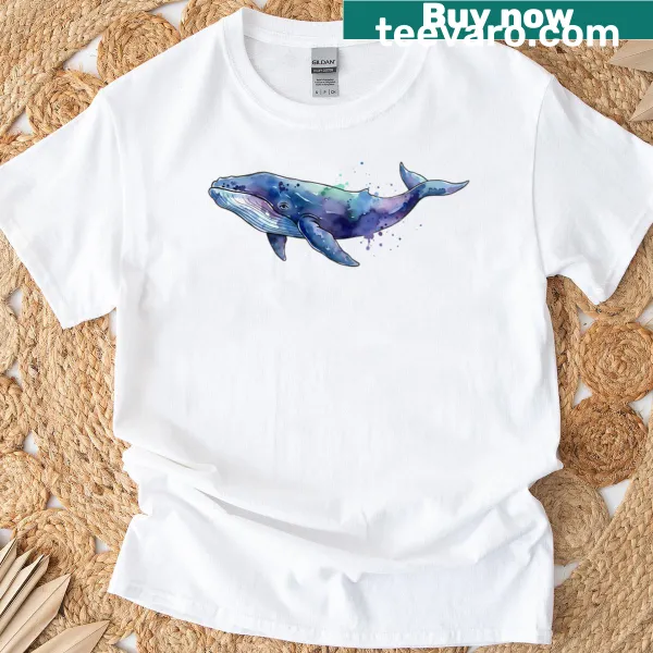 Watercolor illustration of a blue whale on T-shirt
