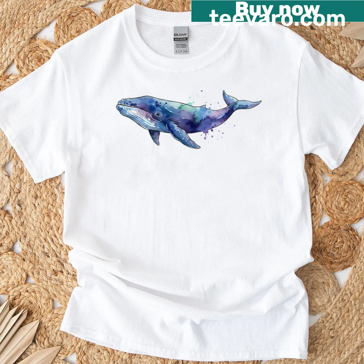 Watercolor illustration of a blue whale on T-shirt — on a men's t-shirt