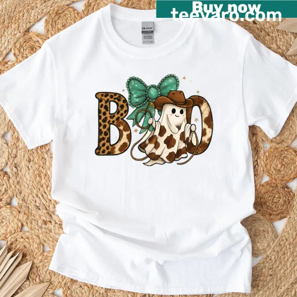 Boho cowgirl ghost with leopard print Halloween design on a T-shirt