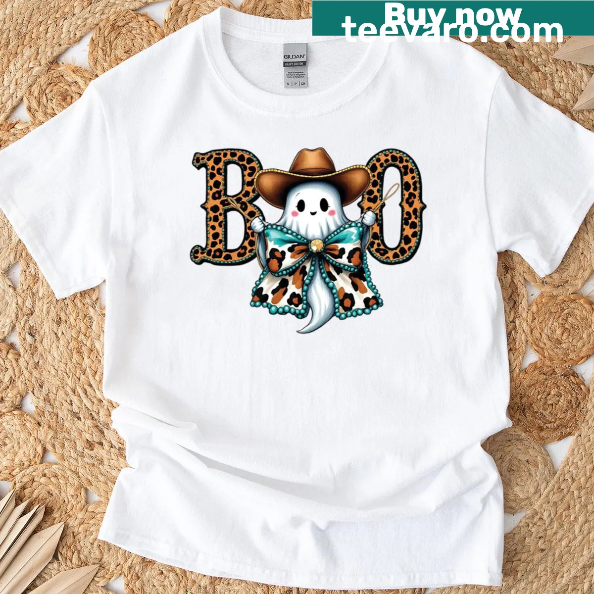 Illustration of a cowgirl ghost on a playful Halloween T-shirt — on a men's t-shirt
