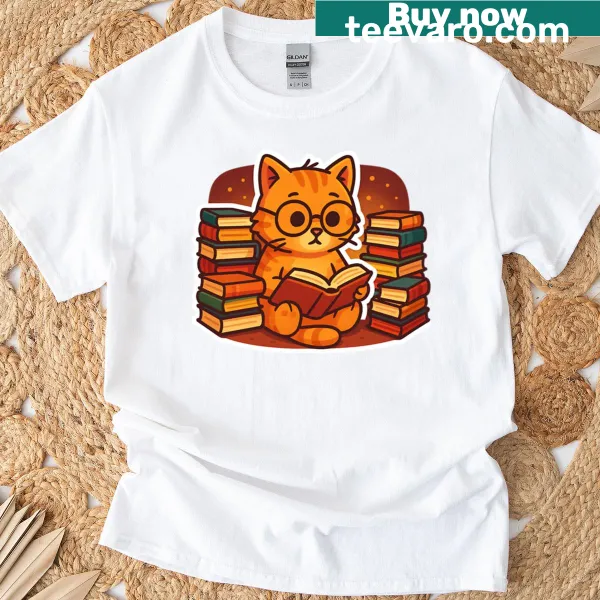 Cute orange cat reading books illustration on T-shirt
