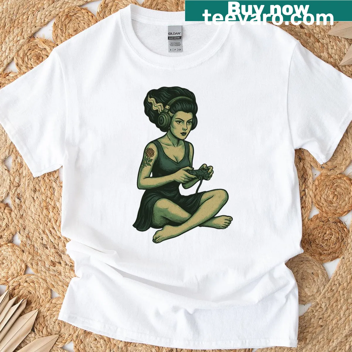 Vintage design featuring Bride of Frankenstein, perfect for gamers. — on a men's t-shirt