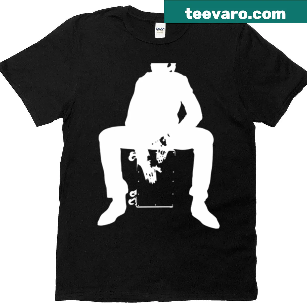 Cajon Player T-shirt with graphic of a cajon instrument — on a men's t-shirt