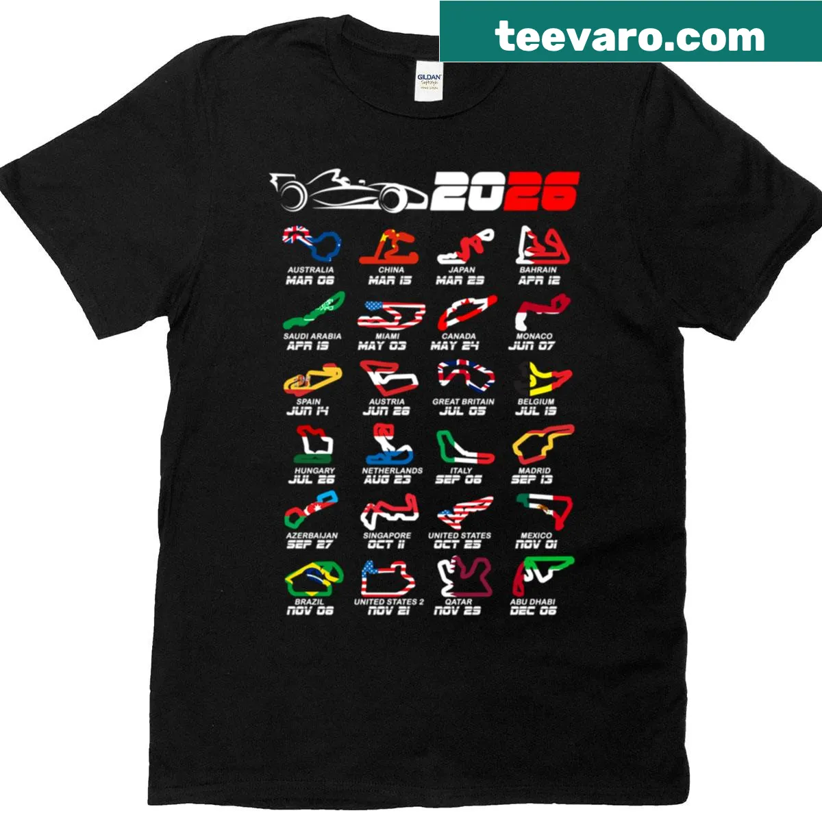 Race car calendar graphic t-shirt for 2026 — on a men's t-shirt