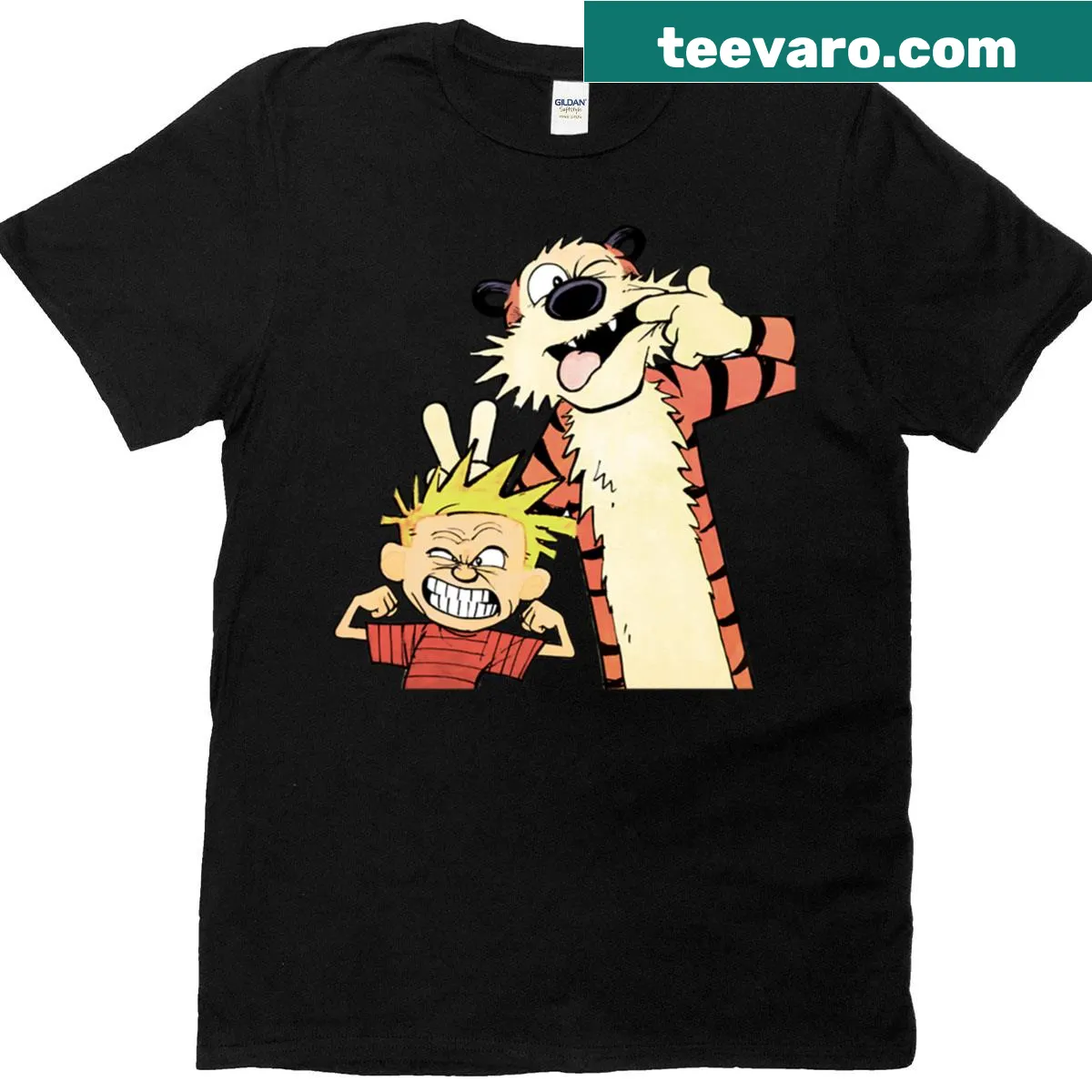 Calvin and Hobbes T-shirt featuring whimsical illustrations of the characters — on a men's t-shirt