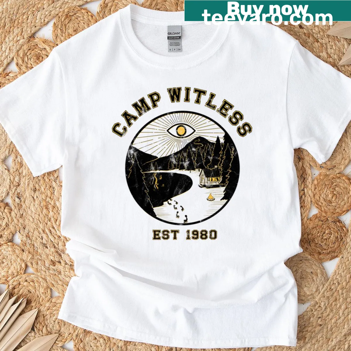 Horror-themed Camp Witless T-shirt with a camp counselor illustration. — on a men's t-shirt
