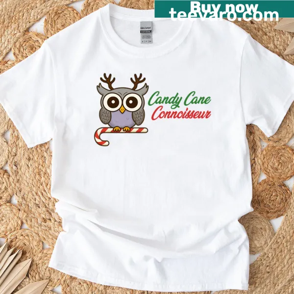 Owl enjoying a candy cane in a festive holiday design