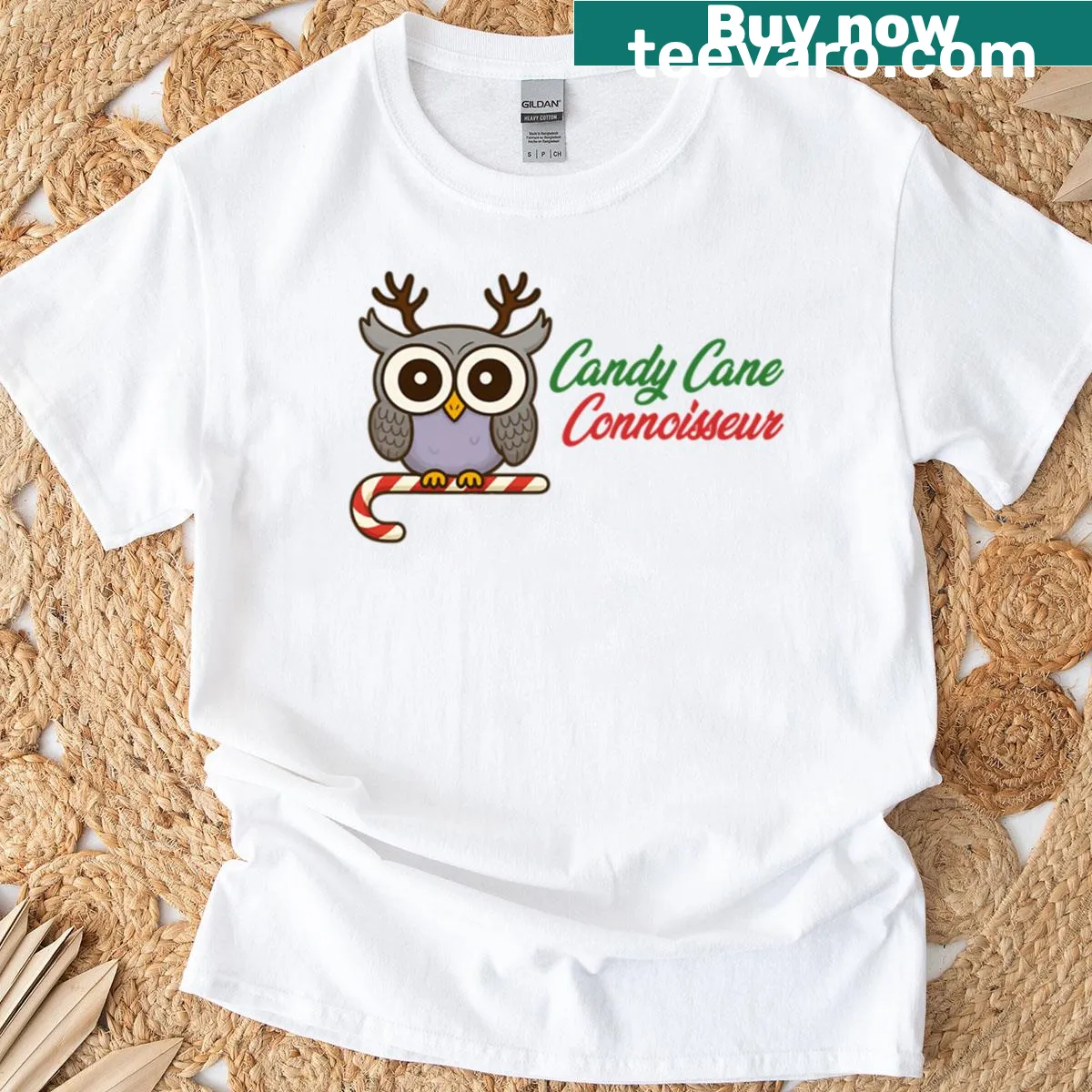 Owl enjoying a candy cane in a festive holiday design — on a men's t-shirt