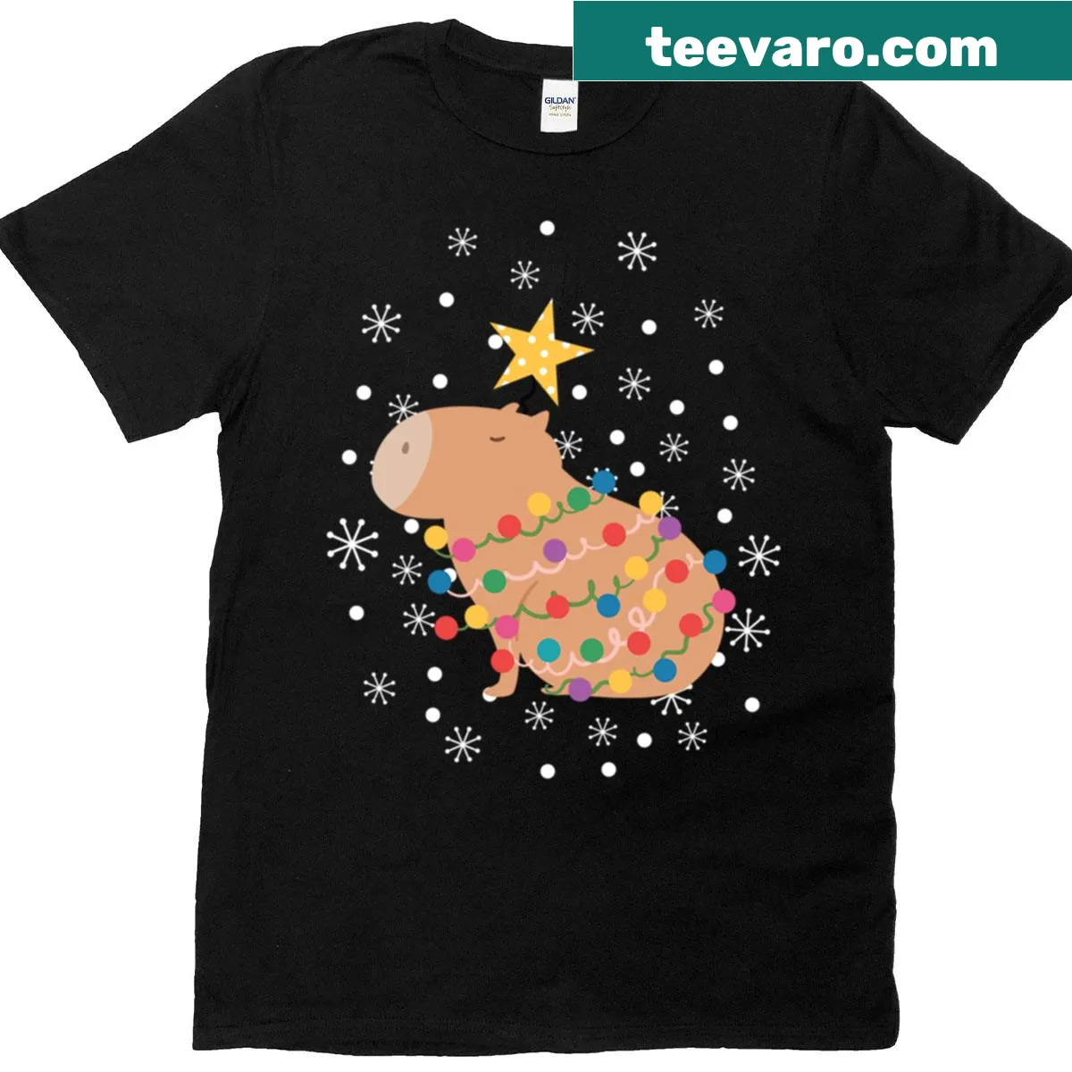 Cute T-shirt with a capybara illustrated among a Christmas tree — on a men's t-shirt
