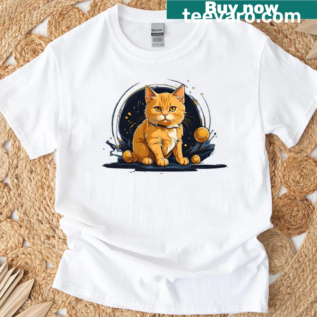 Illustration of a cat playing with a golden ball on a T-shirt — on a men's t-shirt