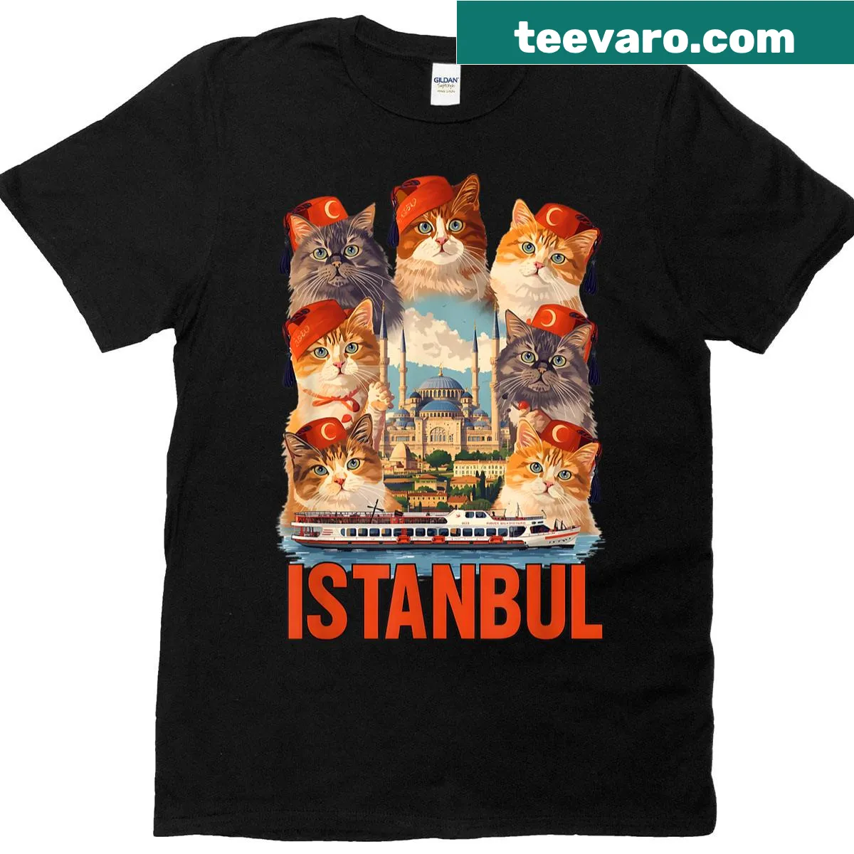 Illustrated cats in fez hats, inspired by Istanbul — on a men's t-shirt