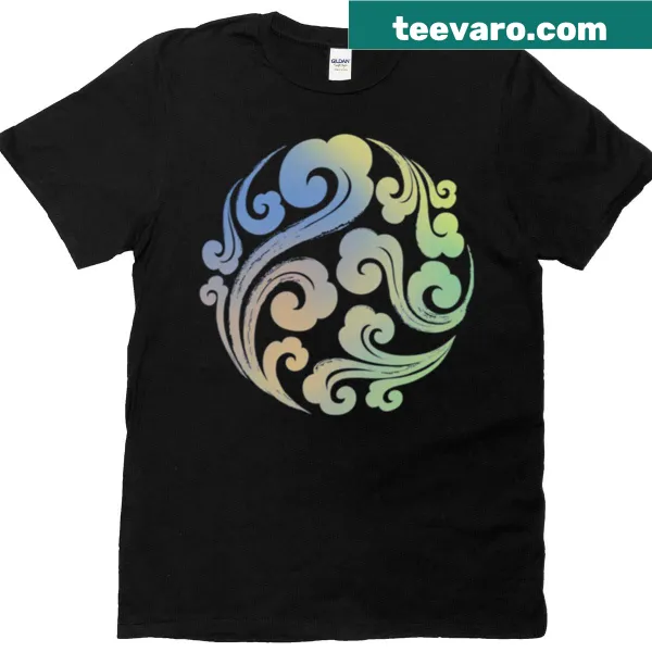 Illustrated celestial clouds representing harmony and balance on a t-shirt
