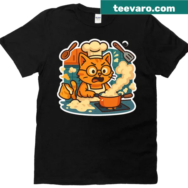Funny t-shirt with a cartoon chef cat in cooking chaos