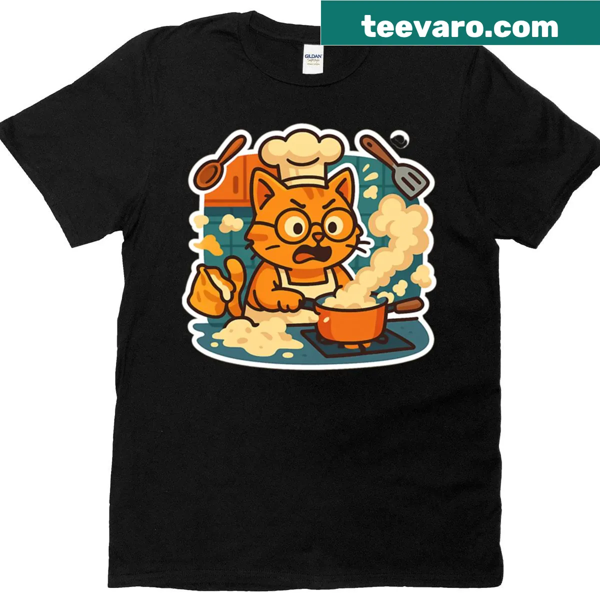 Funny t-shirt with a cartoon chef cat in cooking chaos — on a men's t-shirt