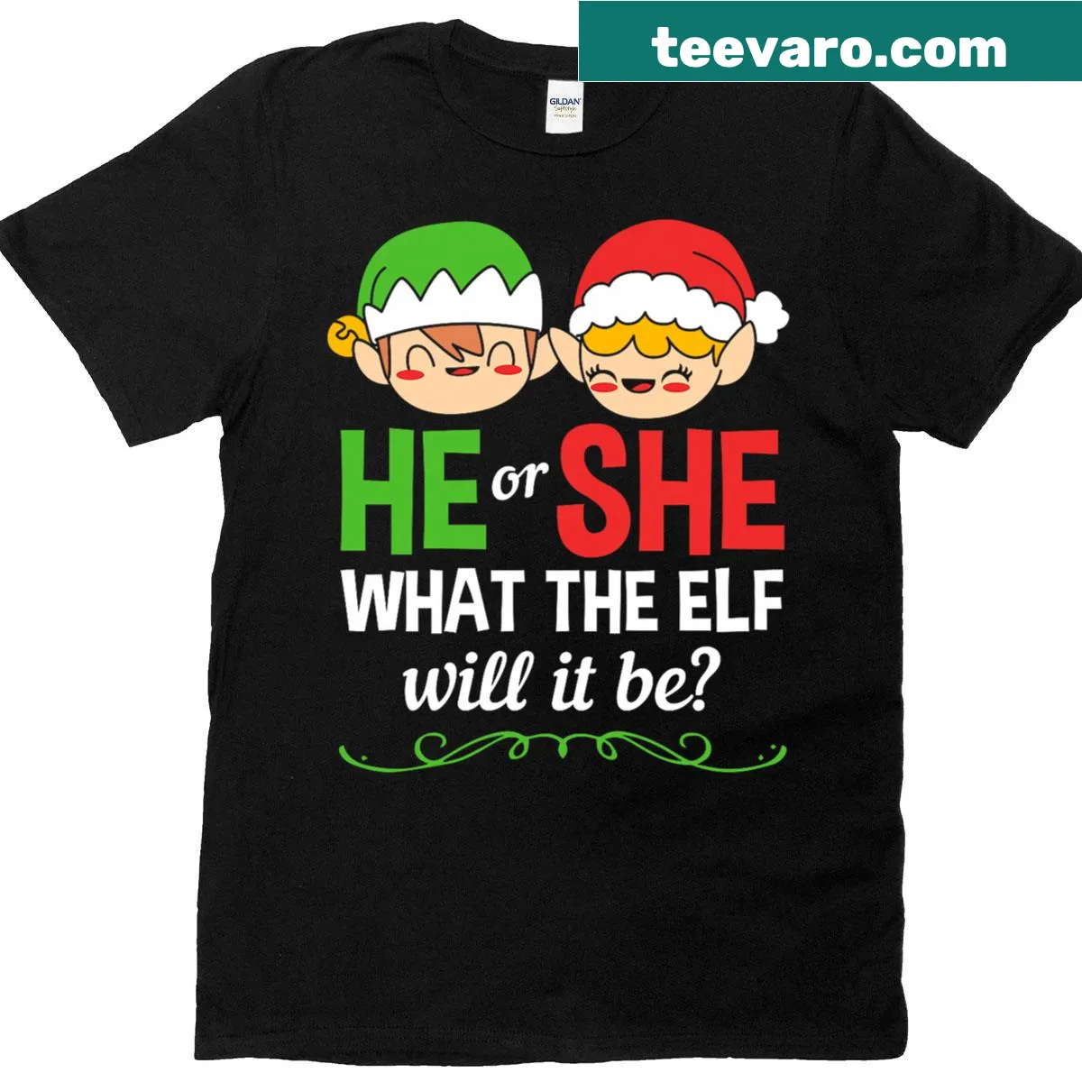 Festive baby shower shirt with 'What The Elf Is It' text — on a men's t-shirt