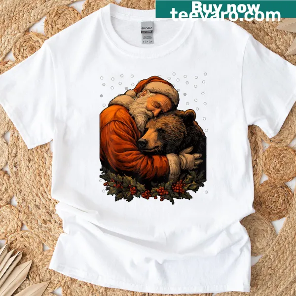 Cute Christmas bear with Santa illustration on t-shirt.