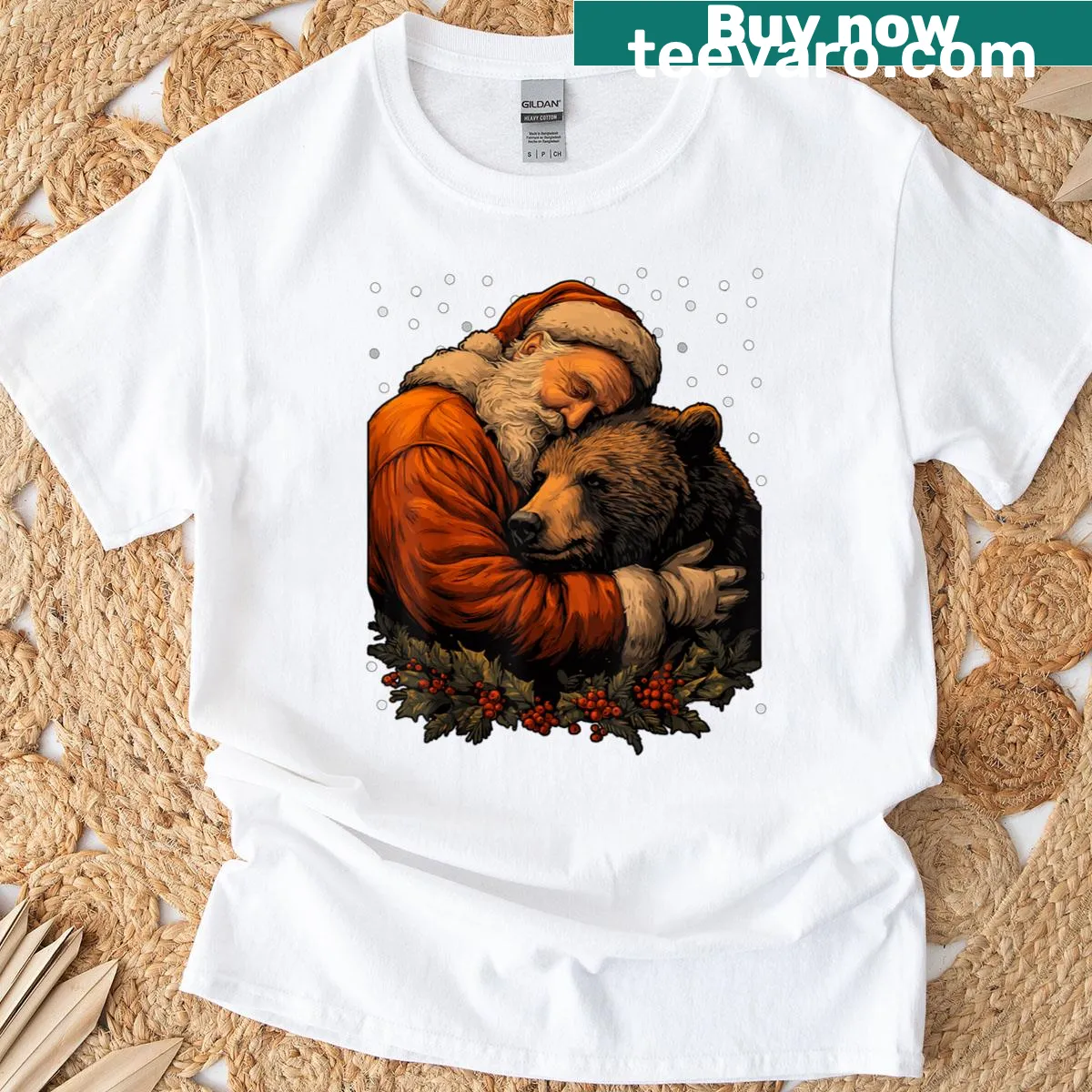Cute Christmas bear with Santa illustration on t-shirt. — on a men's t-shirt