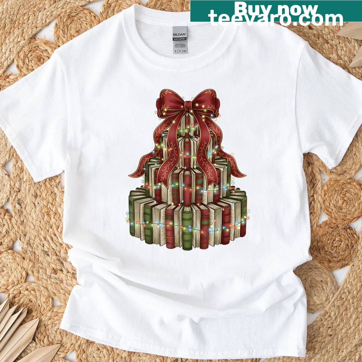 Christmas tree made of books with a bow T-shirt — on a men's t-shirt