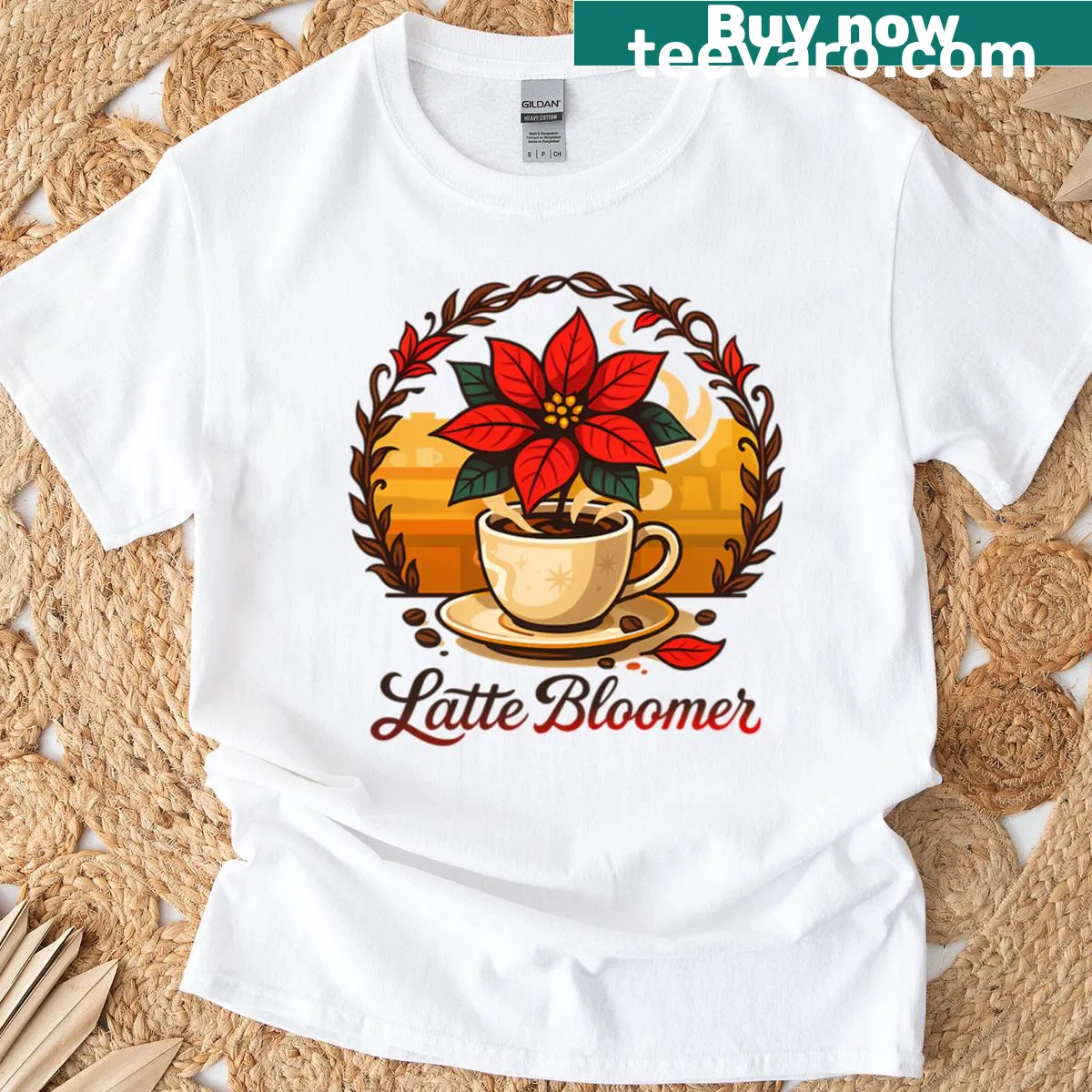 Illustration of a cafe latte with poinsettias on a Christmas t-shirt — on a men's t-shirt