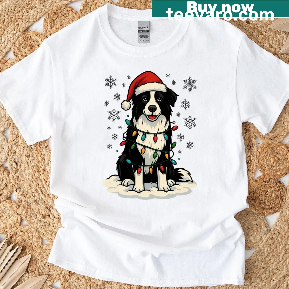 Illustration of a Border Collie wrapped in Christmas lights — on a men's t-shirt