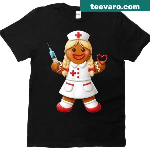 Funny gingerbread nurse design on a Christmas t-shirt