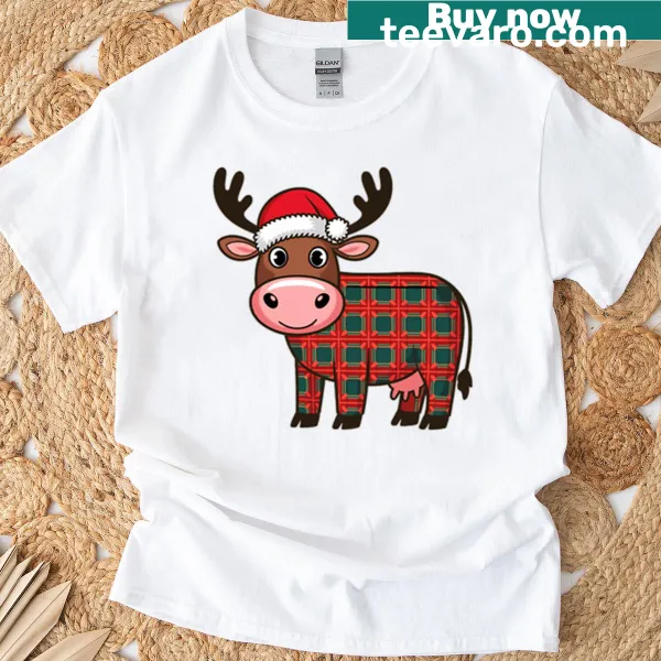 Illustrated cow in Christmas plaid design on a t-shirt