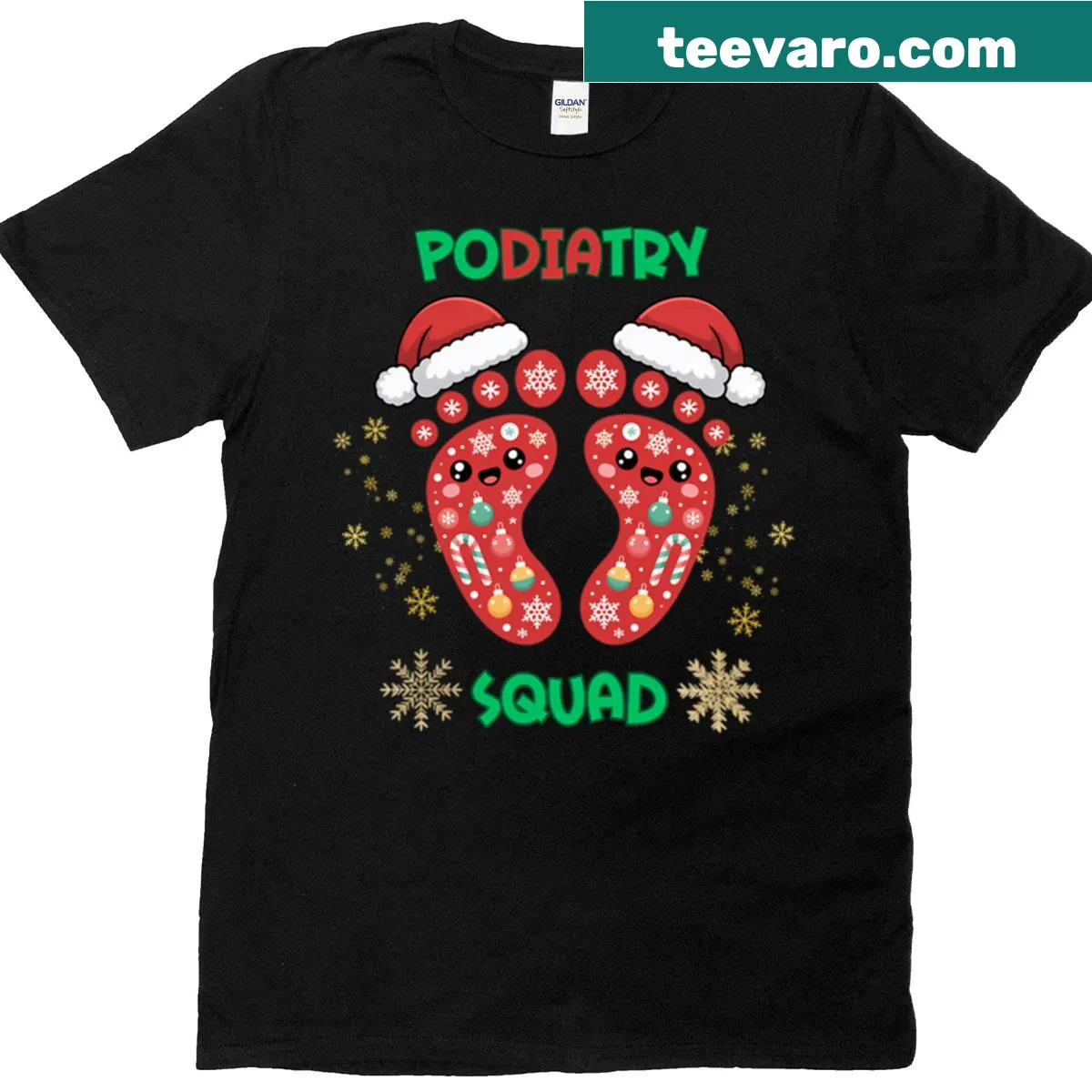 Christmas Podiatry Squad T-shirt with festive designs and podiatry elements — on a men's t-shirt