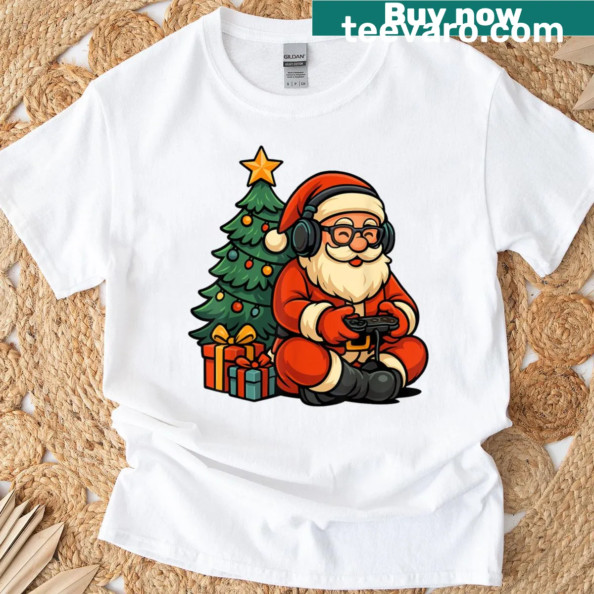 Santa playing video games in front of a Christmas tree graphic t-shirt — on a men's t-shirt