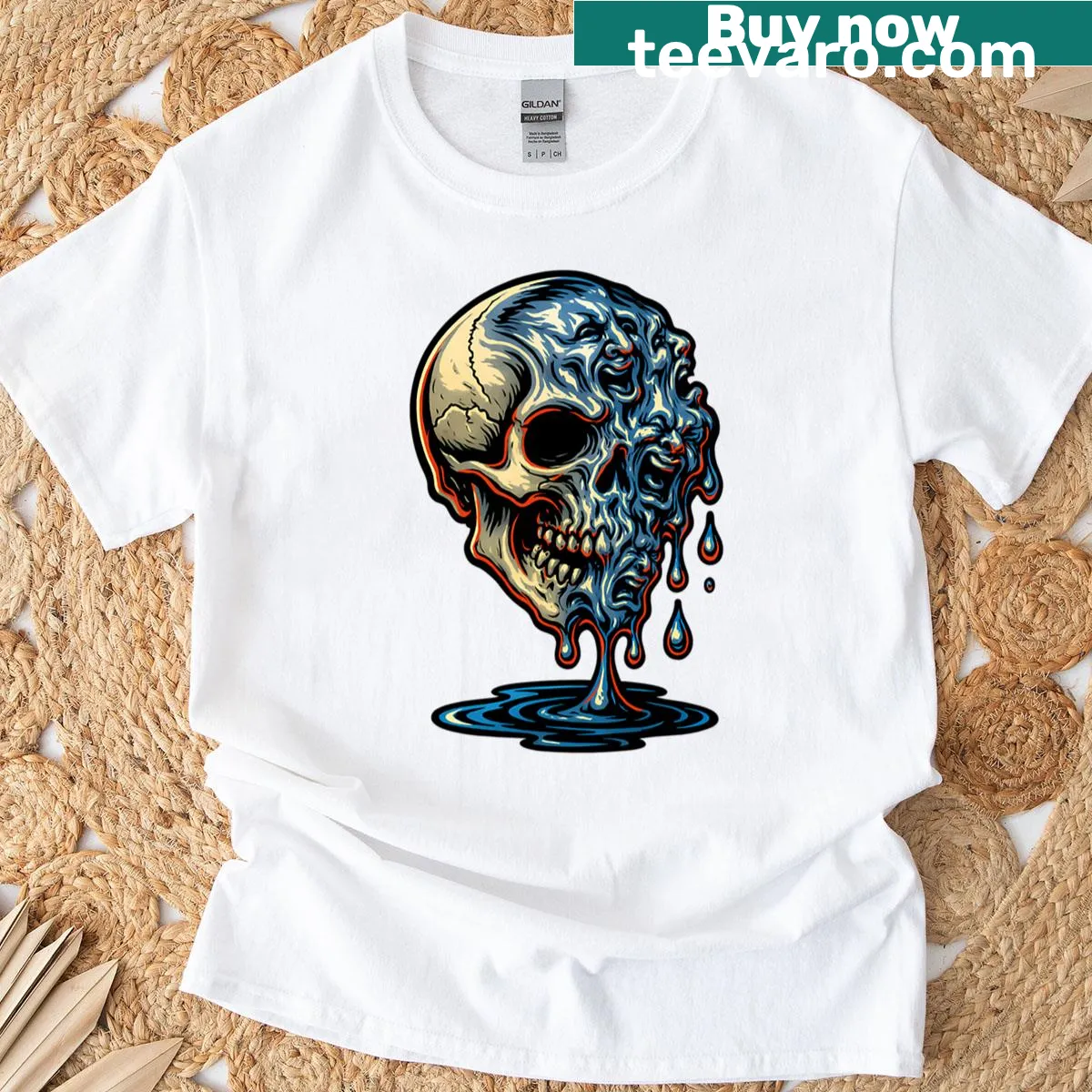 Bold illustration of a chrome melting skull — on a men's t-shirt