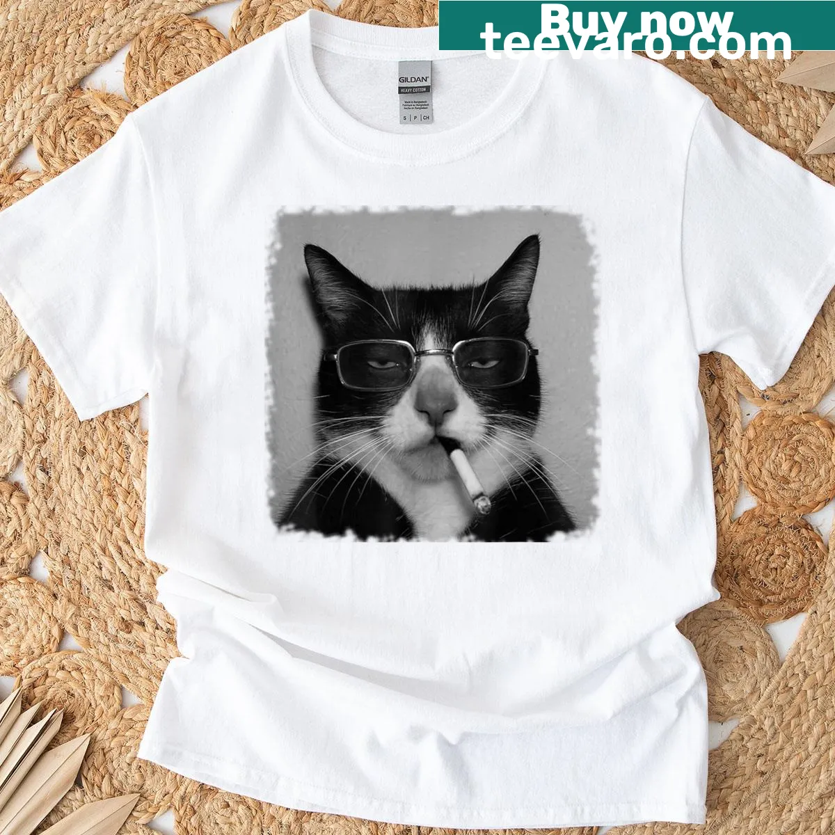 Cartoon cat smoking a cigarette in a funny meme style. — on a men's t-shirt
