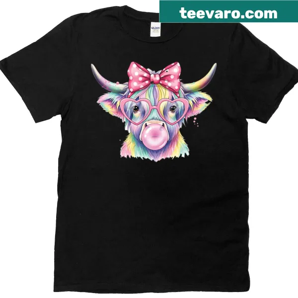 Cute cartoon Highland cow design on a t-shirt