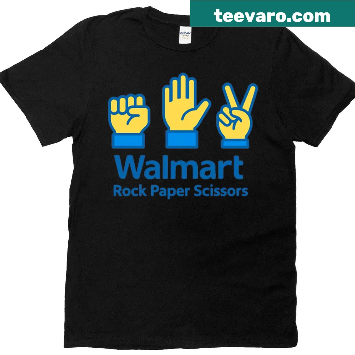 Rock Paper Scissors graphic on corporate-themed t-shirt — on a men's t-shirt