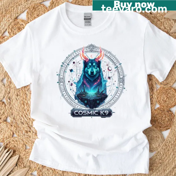 Surreal dog in cosmic glitch art T-shirt