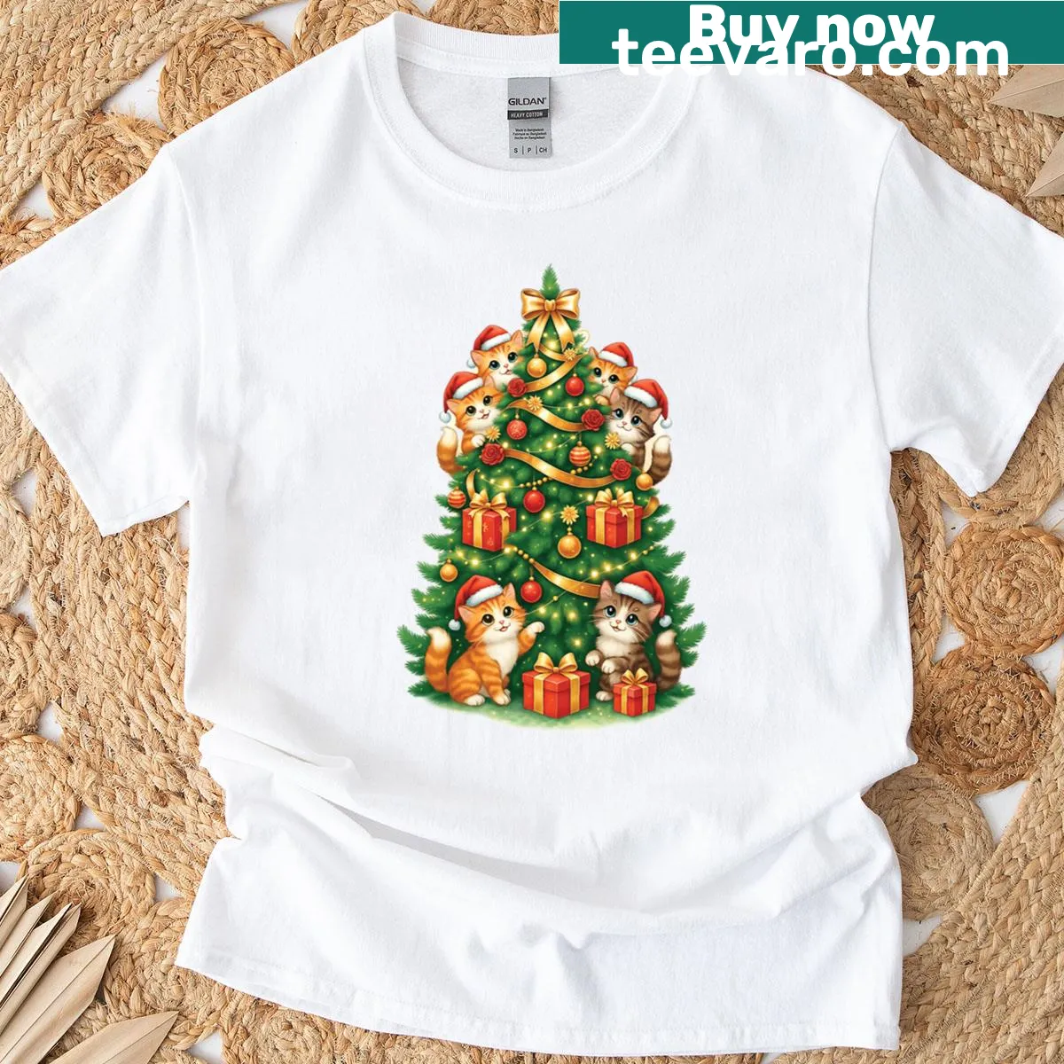 Cute christmas cats in a tree graphic t-shirt — on a men's t-shirt
